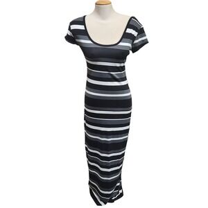 Derek Heart Striped Maxi Dress Scoop Neck Short Sleeve Black Gray White S